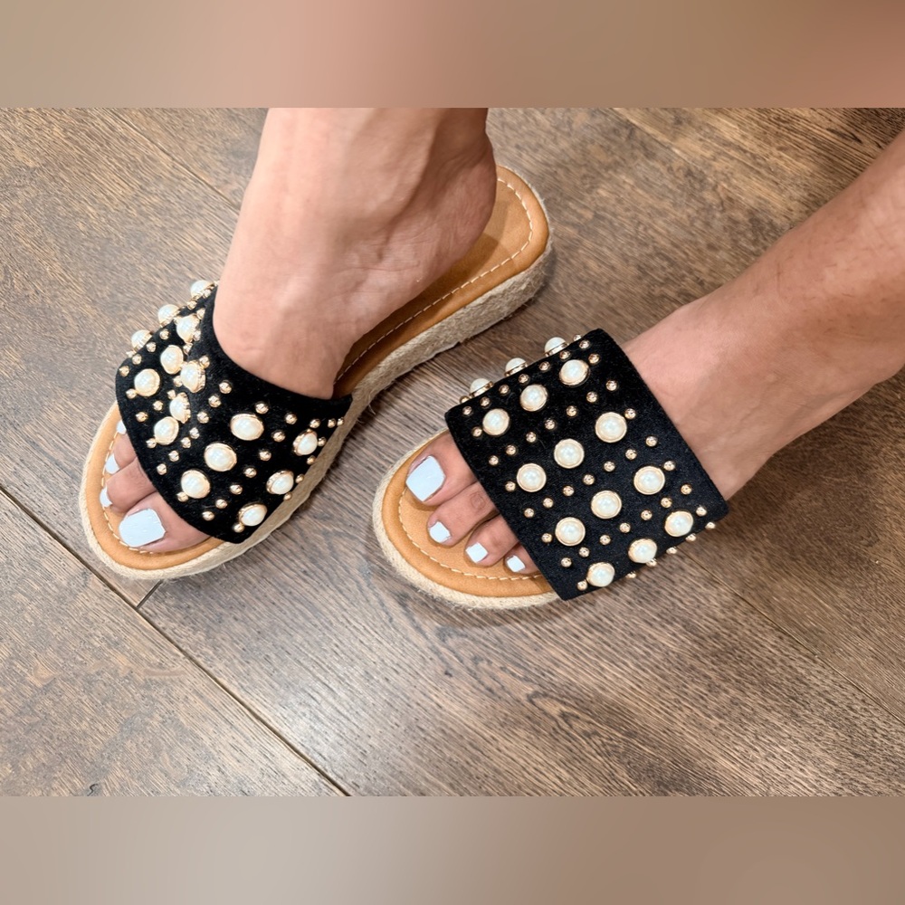 ANDREA FENZI Black Sandals with Pearl Accents